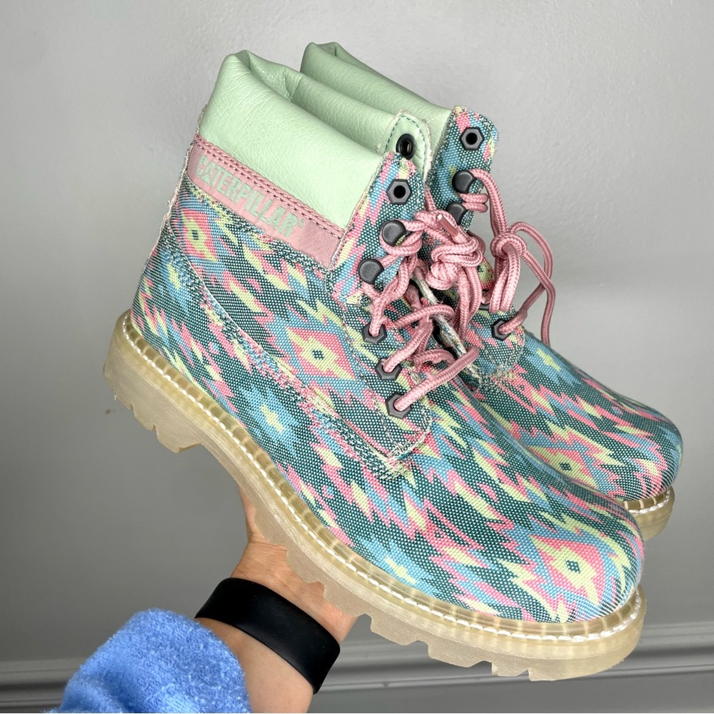 CAT Caterpillar Green, Pink, And Blue Tribal Aztec Women's Work Boots